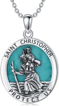 wholesale 925 Sterling Silver Round Genuine Turquoise St. Christopher Pendant Necklace-St Christopher