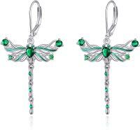 wholesale 925 Sterling Silver Green Emerald Dragonfly Drop Earrings for Women Girls  4cm Long-Dragonfly Earrings