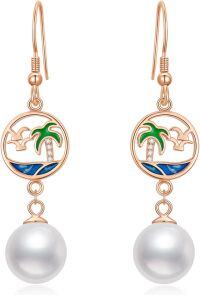 wholesale 925 Sterling Silver Plated Rose Gold Metal Freshwater Pearl Summer Beach Earrings with Palm Trees and Seagulls Design-Rose Gold
