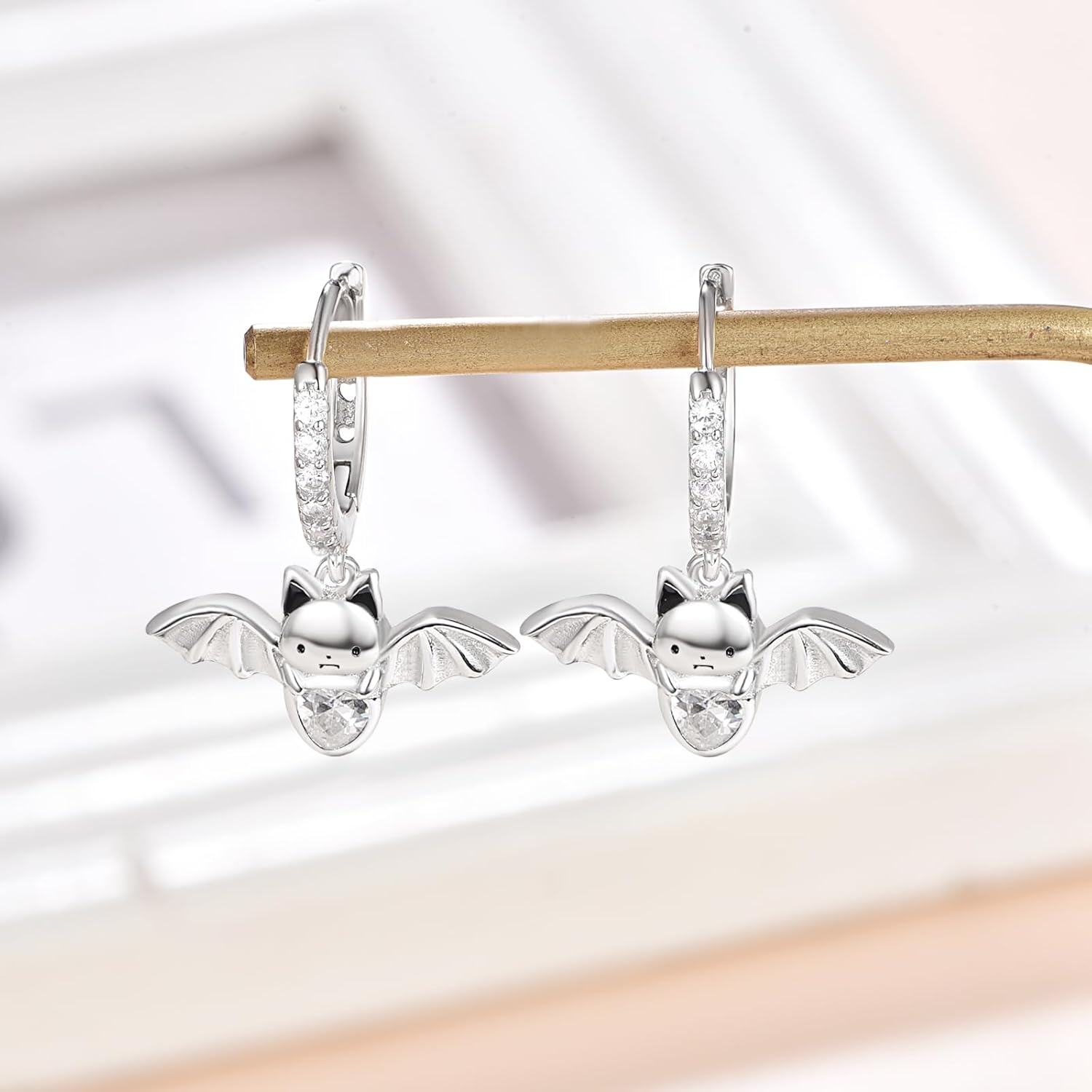 wholesale 925 Sterling Silver Bat Shape Cubic Zirconia Huggie Hoop Earrings for Women Girls -0-1