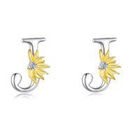 wholesale 925 Sterling Silver Sunflower Initial Alphabet Letter Script Name Stud Earrings for Women-Initial J