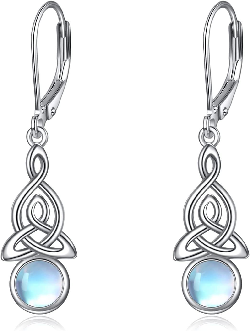 925 Sterling Silver Moonstone Triquetra Celtic Knot Leverback Dangle Earrings-0-0