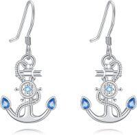 wholesale 925 Sterling Silver Anchor Sea Life Dangle Earrings w/ Blue Ocean Stones for Women & Girls-Anchor