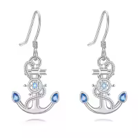 wholesale 925 Sterling Silver Anchor Sea Life Dangle Earrings w/ Blue Ocean Stones for Women & Girls-Anchor