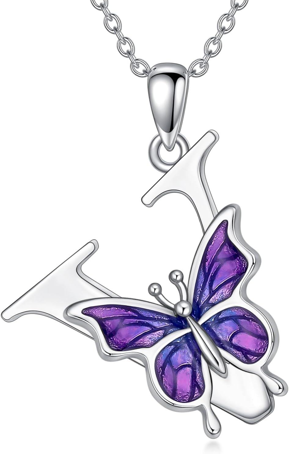 wholesale Sterling Silver Purple Butterfly A Z 26 Letters Pendant Necklace-Letter V-Letter V