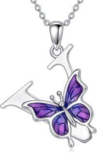 wholesale Sterling Silver Purple Butterfly A Z 26 Letters Pendant Necklace-Letter V-Letter V