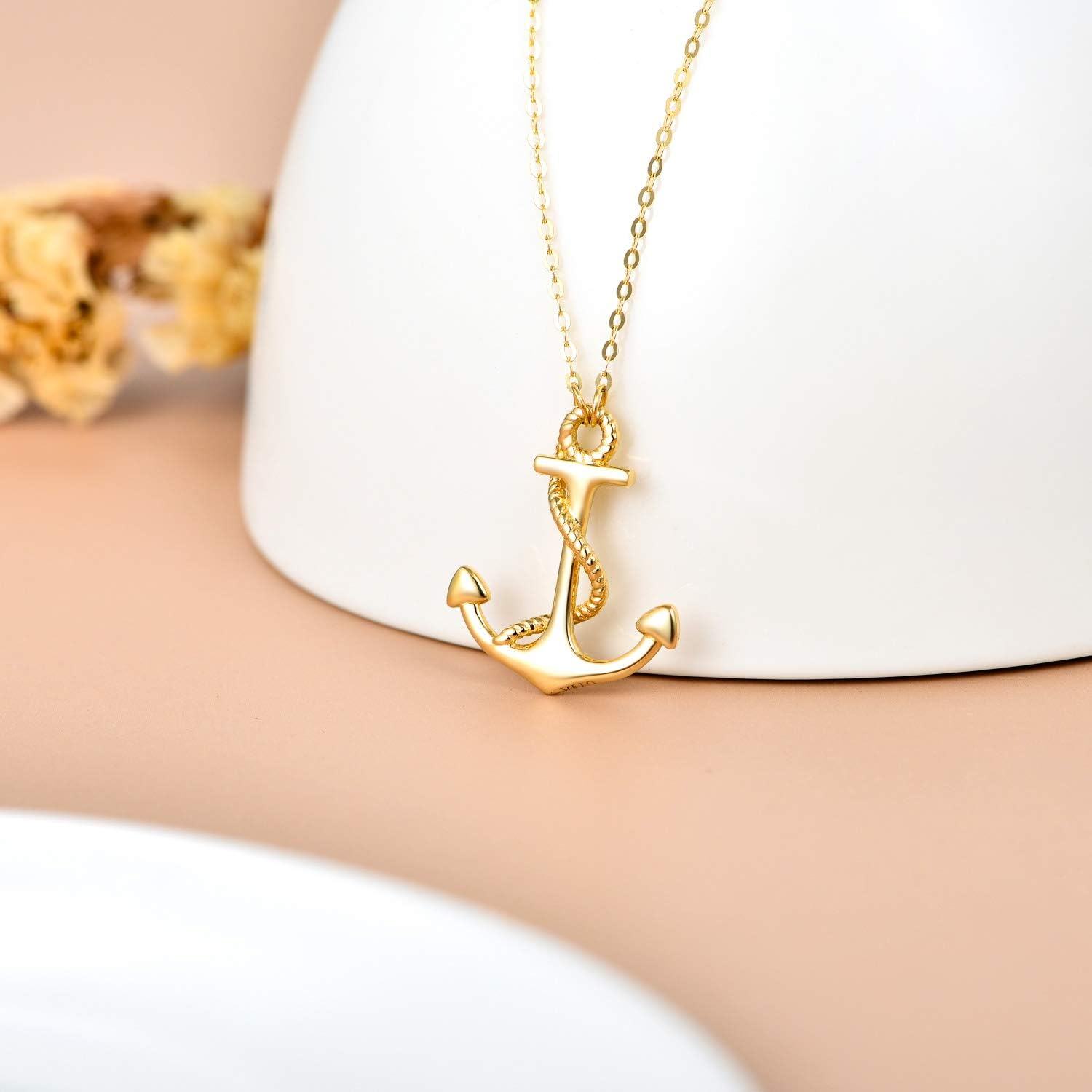 14K Gold Nautical Rope Anchor Pendant Necklace for Women 16+1+1 Inch-0-1