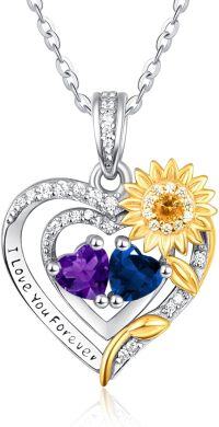 wholesale Sterling Silver 2 Birthstones Sunflower Heart Necklace for Women-02-09-Feb-Sept