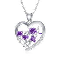 wholesale 925 Sterling Silver Heart Pendant Necklace Wholesale With Purple Enamel Flowers-9-September-Morning Glory