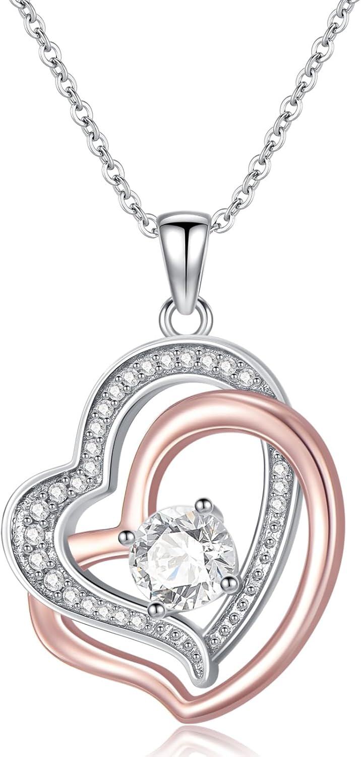 18K Gold Plated Sterling Silver Moissanite Heart Necklace for Women-Double Heart