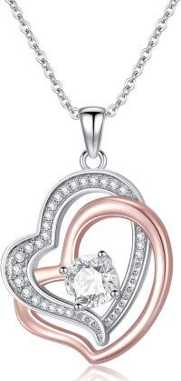 wholesale 925 Sterling Silver 925 & Rose Gold Plated Double Heart Pendant with Cubic Zirconia Necklaces for Women s-Double Heart