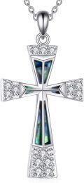 wholesale 925 Sterling Silver Abalone Shell Inlay Cubic Zirconia Cross Pendant Necklace for Women and Men-0-0