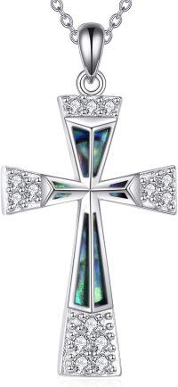 wholesale 925 Sterling Silver Abalone Shell Inlay Cubic Zirconia Cross Pendant Necklace for Women and Men-Religious Cross