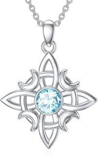 wholesale 925 Sterling Silver Witches Knot Birthstone Necklace Wicca Moon Celtic Pendant-03-Birthstone & March