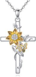 wholesale 925 Sterling Silver Sunstone & Cubic Zirconia Honeybee Sunflower Cross Pendant Necklace Gift for Women-0-0