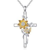 wholesale 925 Sterling Silver Sunstone & Cubic Zirconia Honeybee Sunflower Cross Pendant Necklace Gift for Women-Sunflower Bee Cross