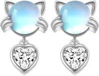 wholesale Sterling Silver Moonstone Cat Heart Stud Earrings, Cubic Zircon Dangle Drop for Sensitive Ears, Cute Gift for Cat Lovers-Cat-Silver