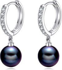 wholesale 925 Sterling Silver Black Pearl Drop Hoop Earrings for Women-Black Pearl-CZ