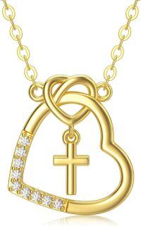 wholesale 14K Gold CZ Heart & Cross Pendant Necklace - Religious s for Women/Mom/Wife-Yellow Gold