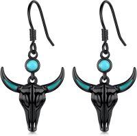 wholesale 925 Sterling Silver & Natural Turquoise Cow Skull Western Dangle Earrings for Women-Black Cow B