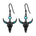 wholesale 925 Sterling Silver Black Plated Turquoise Bull Skull Drop Earrings-0-0