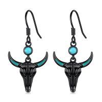 wholesale 925 Sterling Silver Black Plated Turquoise Bull Skull Drop Earrings-Black Cow B