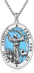 wholesale 925 Sterling Silver Turquoise St Francis of Assisi Medal Prayer for Us Wolf & Deer Charm Necklace-0-0