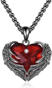 wholesale 925 Sterling Silver Red Heart with Wing Pendant Necklace for Women-02-Black-Red Birthstone
