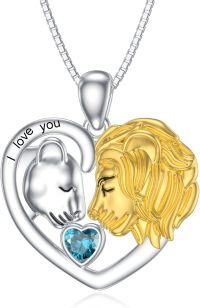 wholesale Silver Stone Lion Heart Necklace Lioness Lion Jewelry Gift for Women-December - Blue Topaz