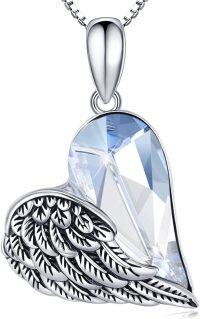 wholesale 925 Sterling Silver Crystal Angel Wing Heart Pendant Necklace for Women Gifts for Mom and Girlfriends-Blue