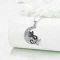 wholesale 925 Sterling Silver Black Cat Crescent Moon Pentagram Zircon Pendant Necklace-0-3