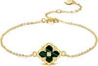 wholesale 14K Yellow Gold Malachite Gemstone Clover-Shaped Pendant Thin Chain Bracelet for Women's Gifts-Malachite