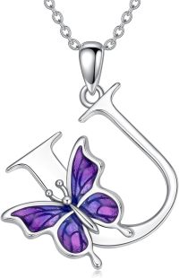 wholesale Sterling Silver Purple Butterfly A Z 26 Letters Pendant Necklace-Letter U-Letter U