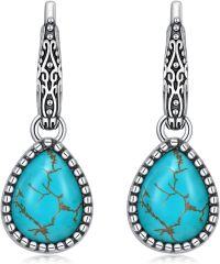 wholesale 925 Sterling Silver Turquoise Retro Green Dangle Hook Earrings Vintage Filigree Western Jewelry Women Gifts-Teardrop