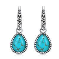 wholesale 925 Sterling Silver Turquoise Retro Green Dangle Hook Earrings Vintage Filigree Western Jewelry Women Gifts-Teardrop