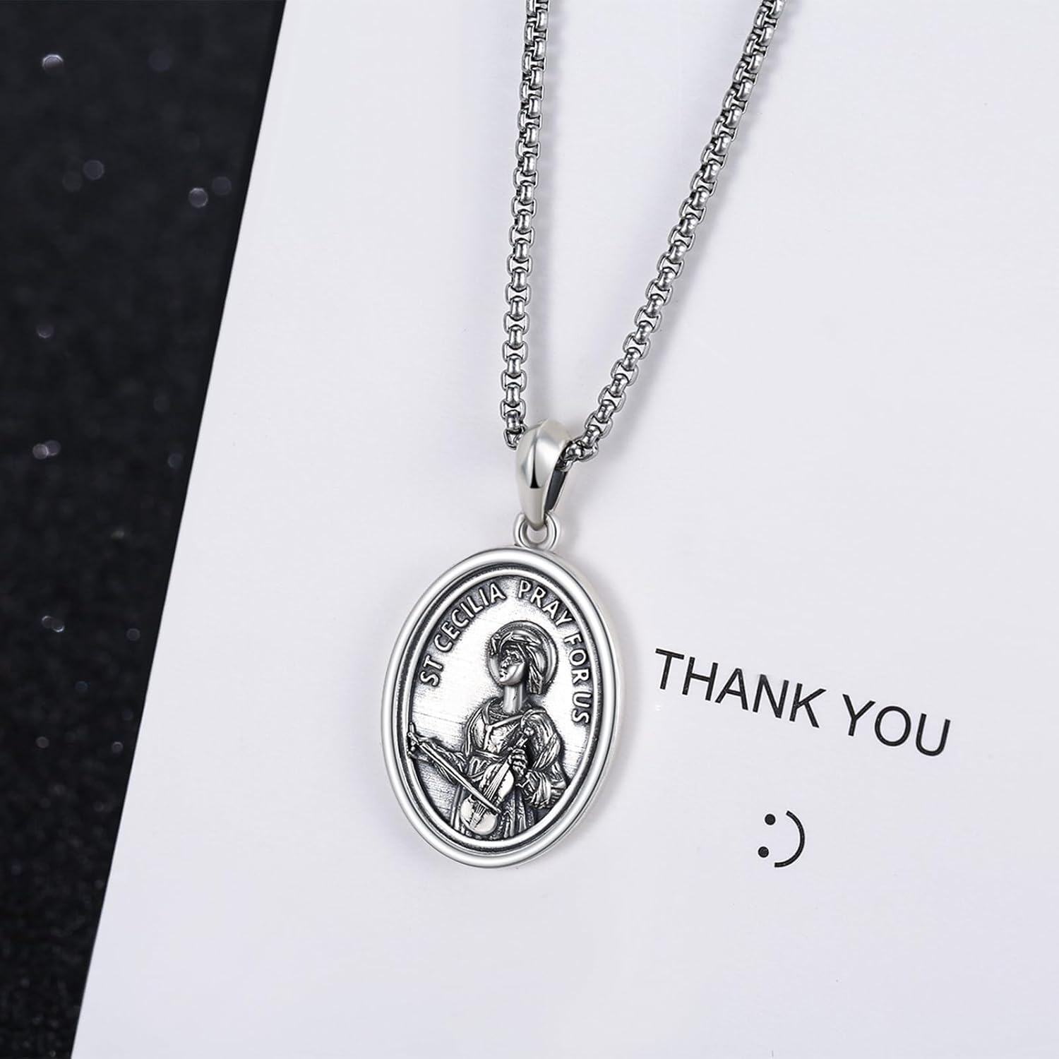 925 Sterling Silver St Cecilia Oval Medal Prayer Jewelry for Women Girls Christian Gift-0-2