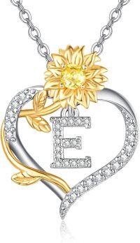wholesale Gold Plated Sterling Silver Sunflower Letter Heart Pendant Necklace for Women-Letter E