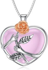 wholesale 925 Sterling Silver Pink Crystal Rose Heart Hugging Flower Pendant Necklace-Rose Necklace