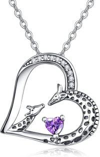 wholesale Sterling Silver Giraffe Birthstone Heart Pendant Necklace-02-Feb-Lab Created Amethyst