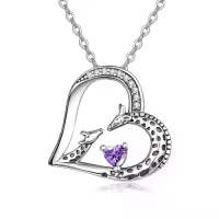 wholesale 925 Sterling Silver Giraffe Birthstone Heart Pendant Necklace-02-Feb-Lab Created Amethyst