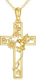 wholesale 14K Gold Hummingbird & Sunflower Vine Cross Pendant Necklace - Christian  for Women and Men-0-0