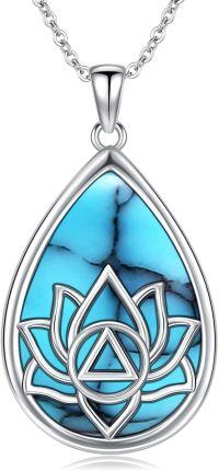 wholesale 925 Sterling Silver Teardrop Turquoise Lotus Flower Pendant Necklaces for Women's s-AA-Turquoise