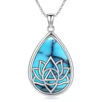 wholesale 925 Sterling Silver Teardrop Turquoise Lotus Flower Pendant Necklaces for Women's s-AA-Turquoise