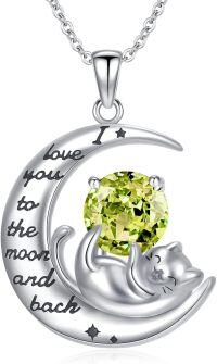 wholesale Sterling Silver White Gold Plated Cat Birthstone Pendant Necklace-08-Aug-Peridot