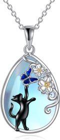 wholesale 925 Sterling Silver Teardrop Pendant with Blue Butterfly and Black Cat Design - Mothers Day Gift for Her-0-0