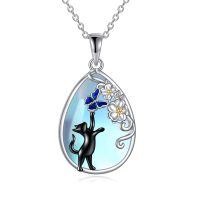 wholesale 925 Sterling Silver Teardrop Pendant with Blue Butterfly and Black Cat Design - Mothers Day Gift for Her-Black Cat Necklace