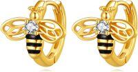 wholesale 925 Sterling Silver Gold Plated Honeybee Hoop Earrings with Cubic Zirconia and Black Enamel Accents for Women-Bee Hoop Earrings