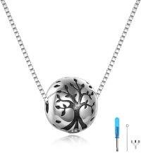 wholesale 925 Sterling Silver Tree of Life Pendant Cremation Keepsake Urn Necklace with Funnel and Fill Tool - 3D Hollow Design (Silver)-Round Family Tree Pendant