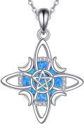 wholesale 925 Sterling Silver Blue Opal Pentagram Moon Star Pendant Necklace-0-0
