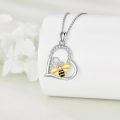 wholesale 925 Sterling Silver Bee Honeycomb Heart Pendant Necklace Two Tone Cubic Zirconia-0-5